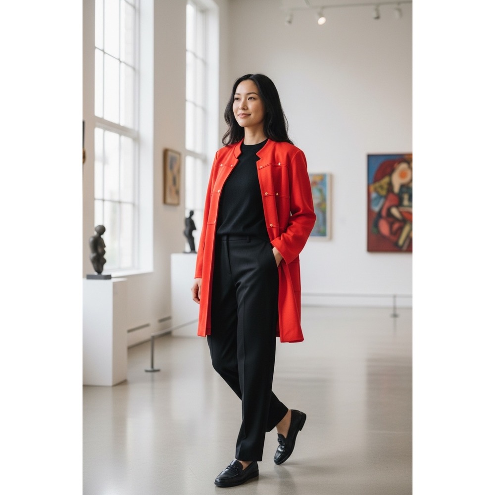 Misook Red/Orange Knit Studded Longline Cardigan Duster Jacket Coat Sz XL